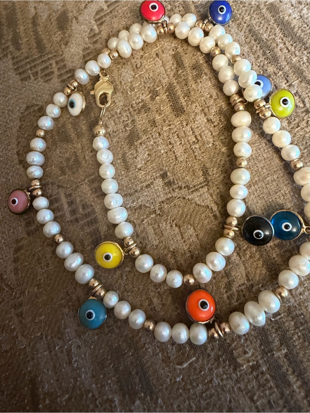 Freshwater Pearl&gold Bead Necklace with Multicolor enamelEvil Eyes! Custom made